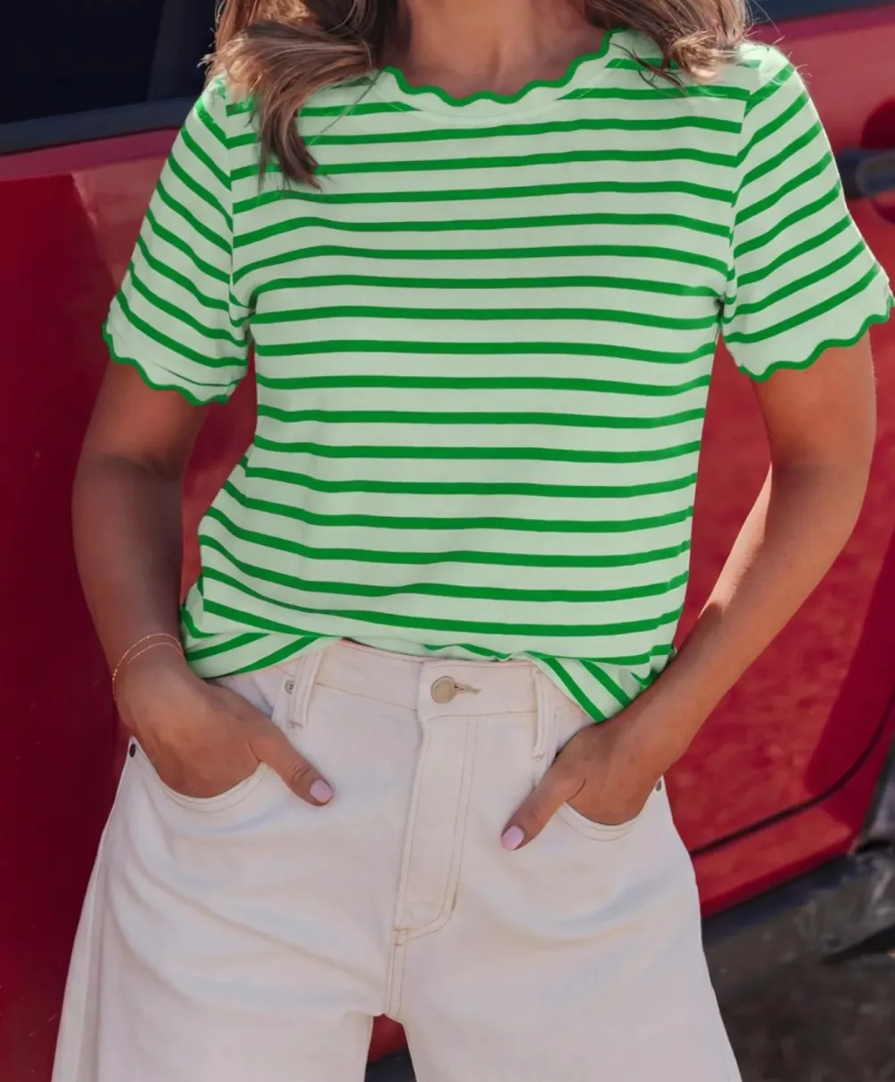 Striped Scallop Trimmed Round Neck T Shirt