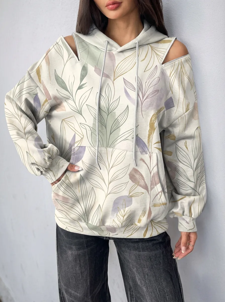 Women's Botanical Art Abstract Leaf Printed Cold Shoulder Hoodie