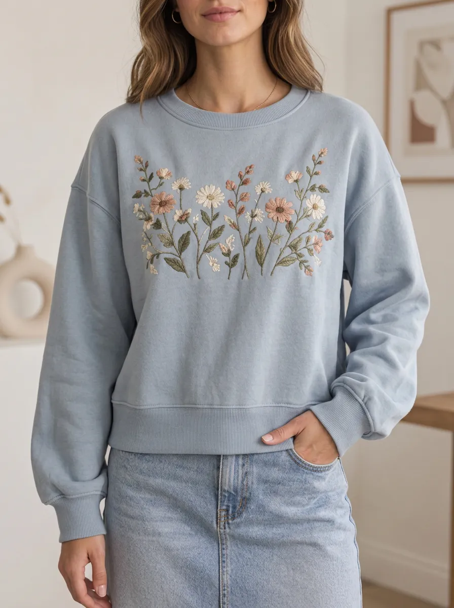 Women's Wildflower Modern Embroidered Graphic Crewneck Sweatshirt