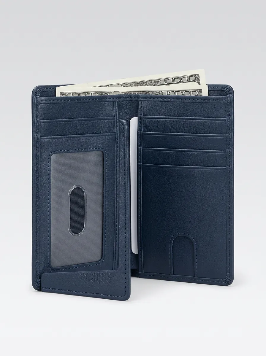 Men's Minimalist Navy Blue Leather Printed Wallet