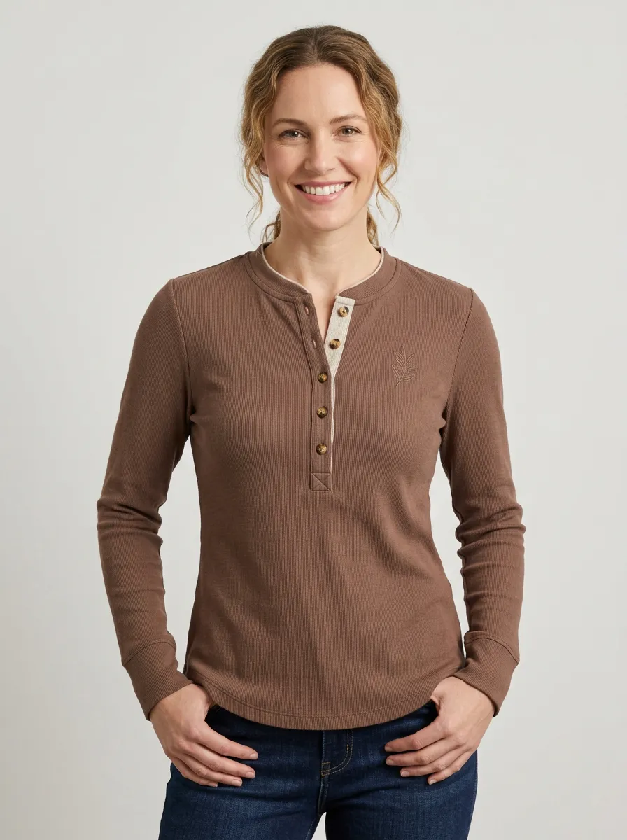 Women's Nature Lover Leaf Embroidered Ribbed Henley Shirt