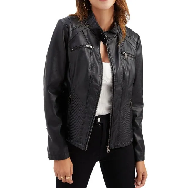 Relaxed Stand-Collar Faux-Leather Leather Casual Outerwear Jacket