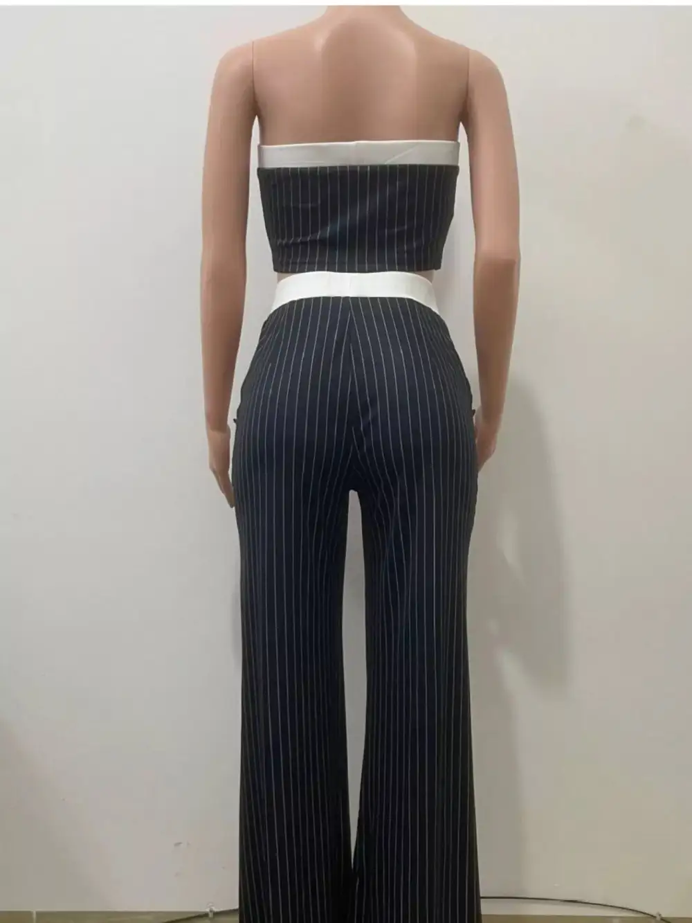 Striped Strapless Crop Top and Wide-leg Pants Set