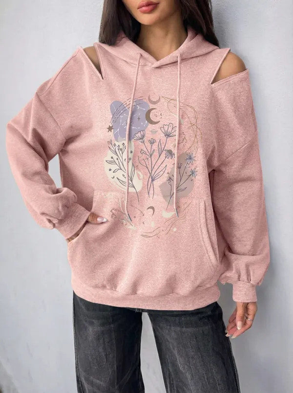 Women's Boho Celestial Floral Printed Cold Shoulder Hoodie