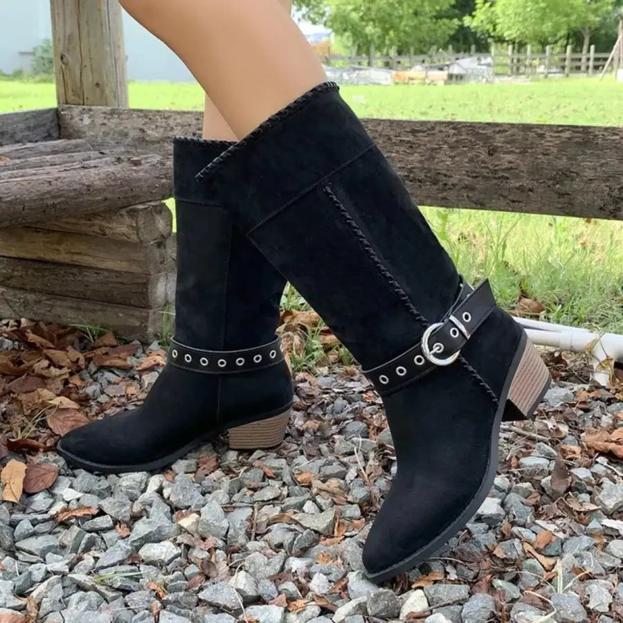 Simple Point Toe Block Heels Boots