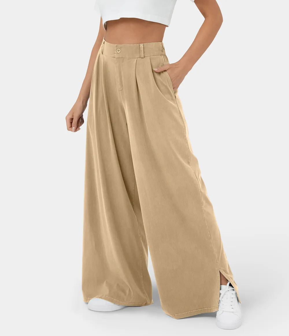 High Waisted Button Zipper Plicated Side Pocket Split Hem Wide Leg Casual Pants