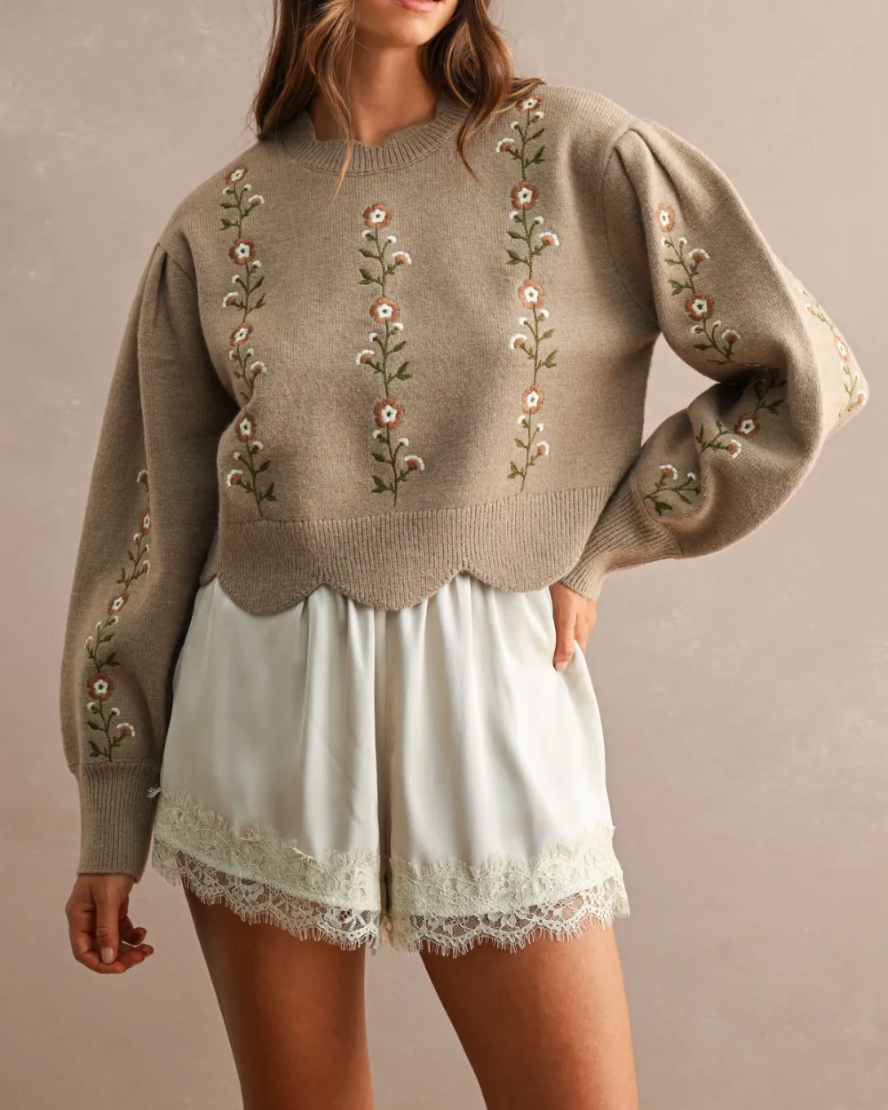 Floral Embroidered Scallop Top