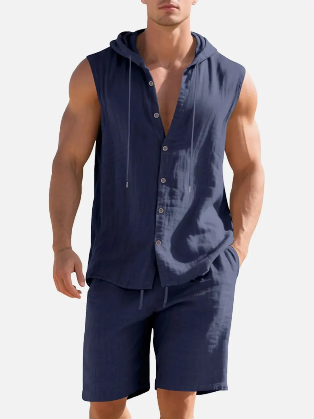 Linen Hooded Sleeveless Matching Set