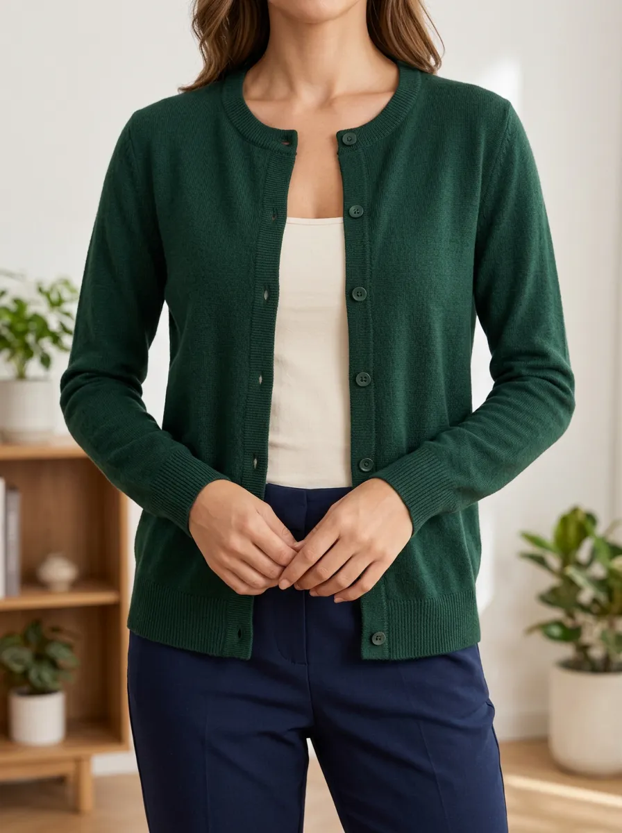 Women's Ribbed Knit Button Front Crew Neck Cardigan