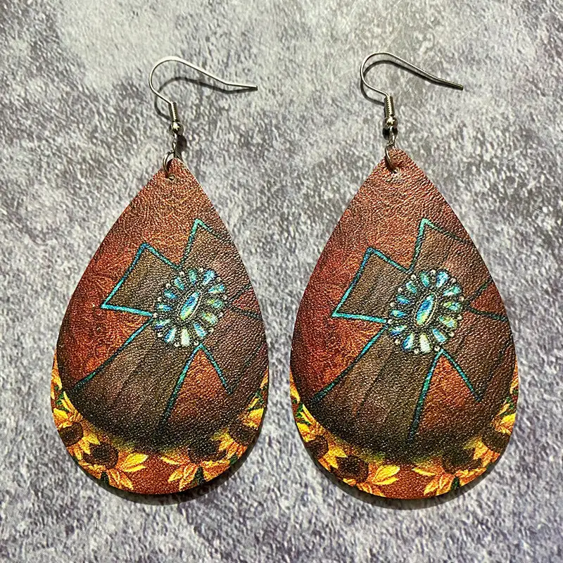 Leather Cross Teardrop Earrings