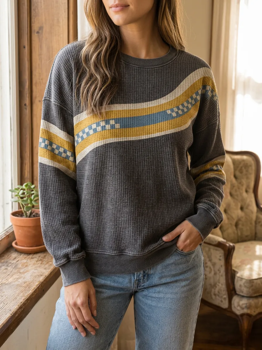 Women's Retro Checkered Stripe Waffle Knit Crewneck Sweatshirt