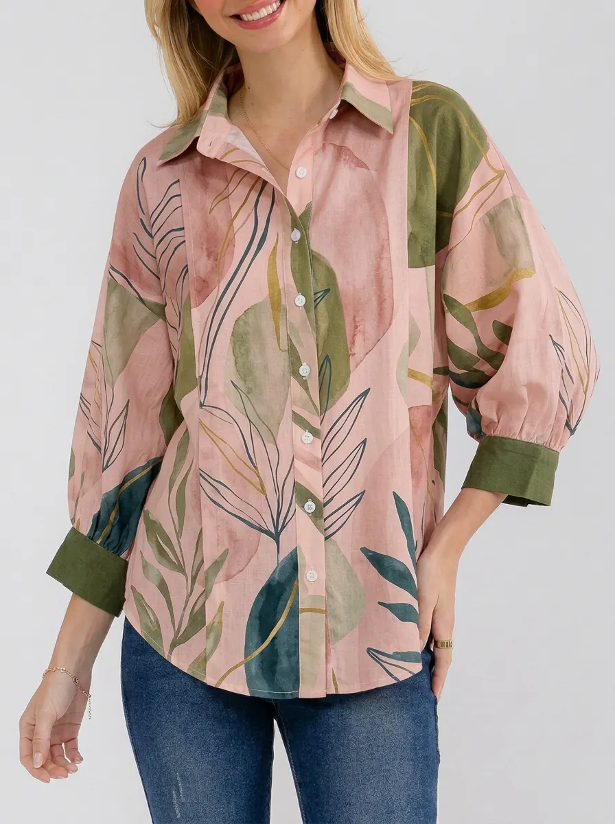 Women's Botanical Abstract Leaf Graphic Button-Down Shirt