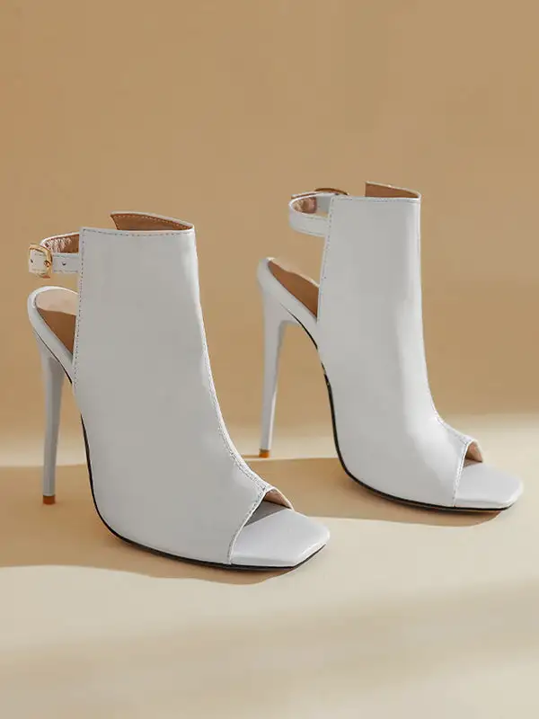 Buckle Peep-Toe Panel Detail Microfiber Heeled Sandals
