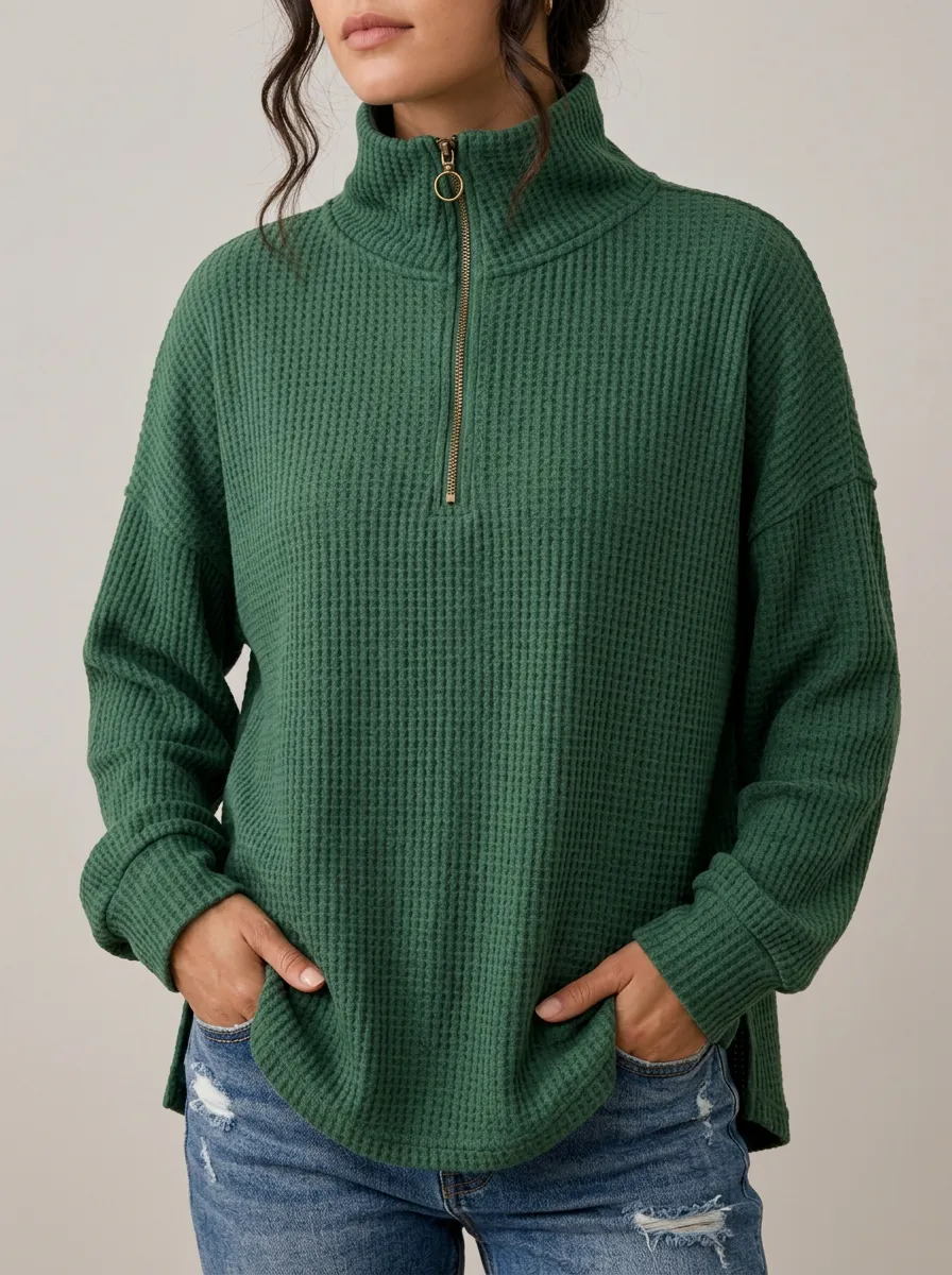 Casual Utility Waffle Knit Quarter Zip Pullover Top