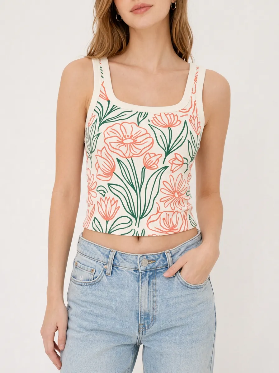 Women's Floral Lover Botanical Line Art Printed Tank Top