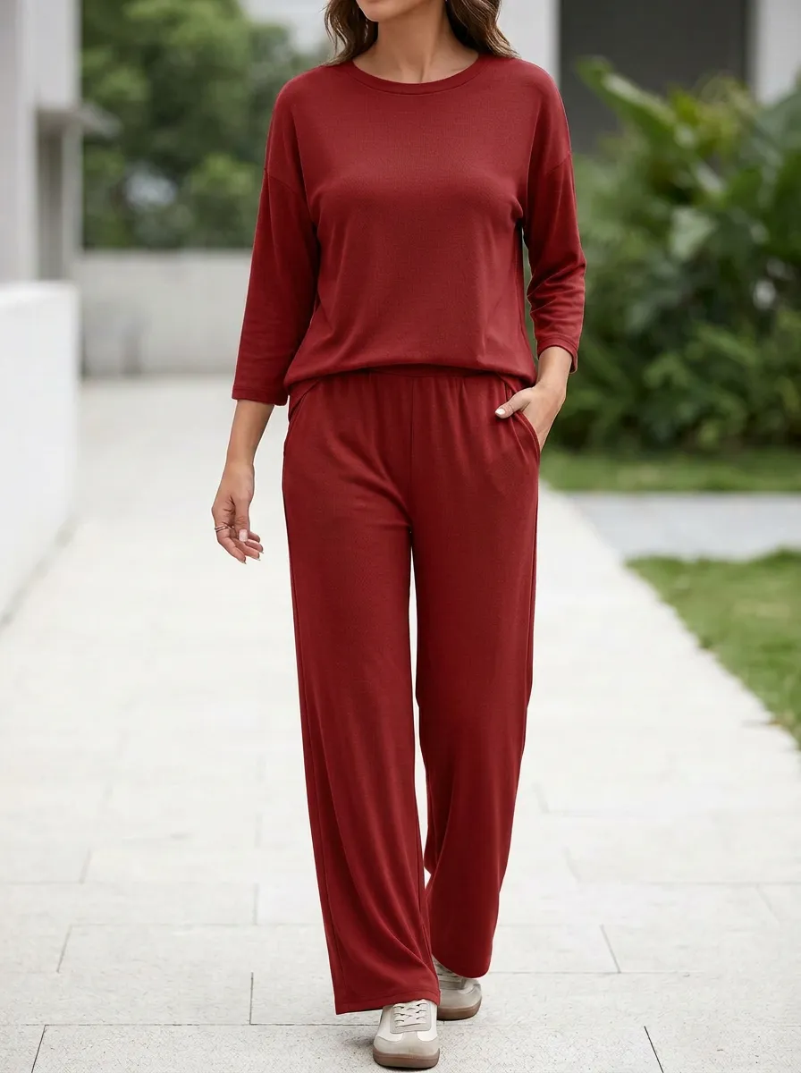 Women's Three-Quarter-Sleeve Crewneck Top And Pull-On Wide-Leg Trouser Lounge Set