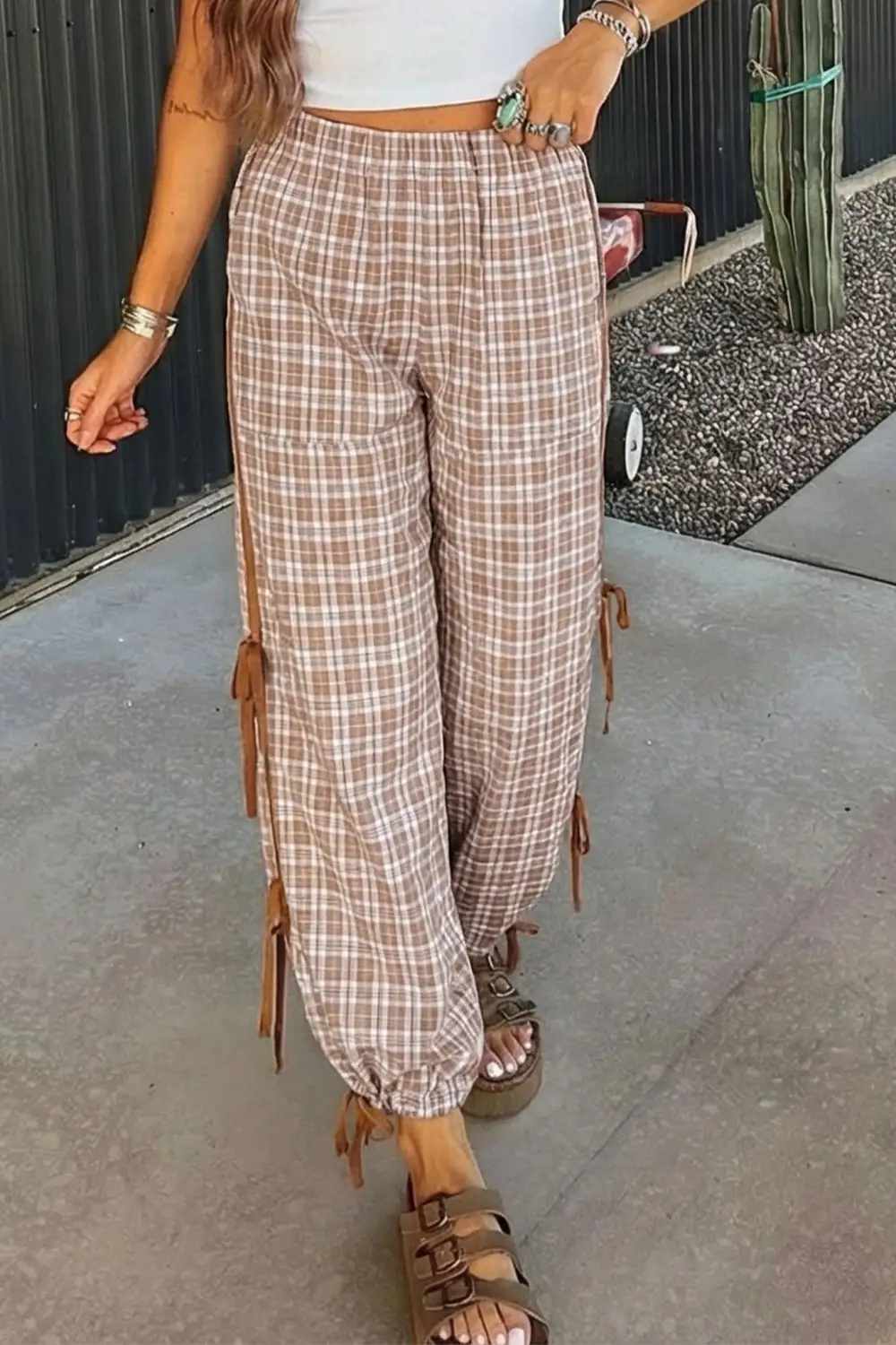 Active Plaid Elastic Waist Pants