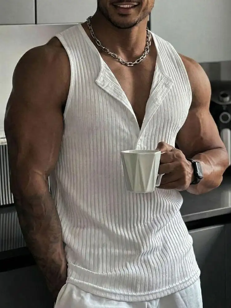 Casual Sporty Vertical Ribbed Henley Tank Top