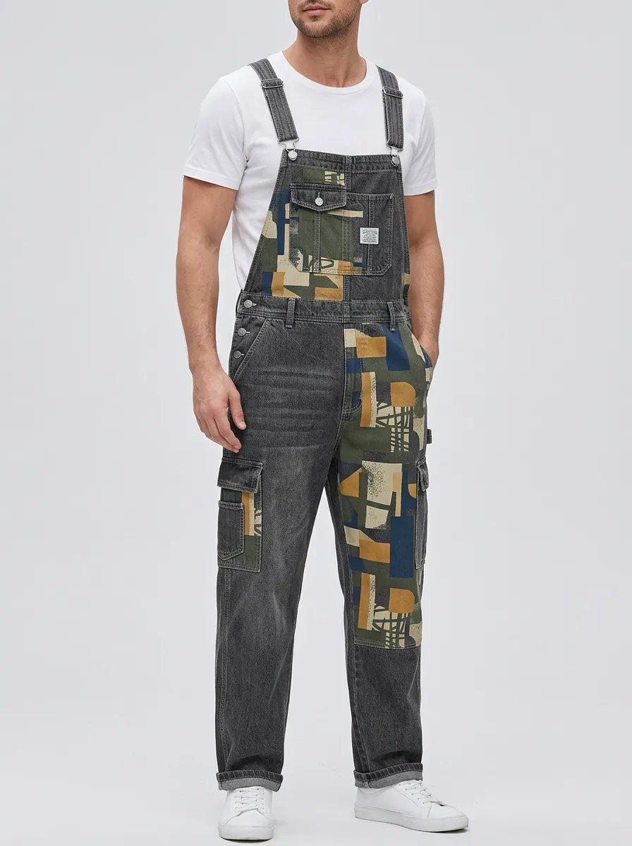 Mixed-Print Denim Overalls