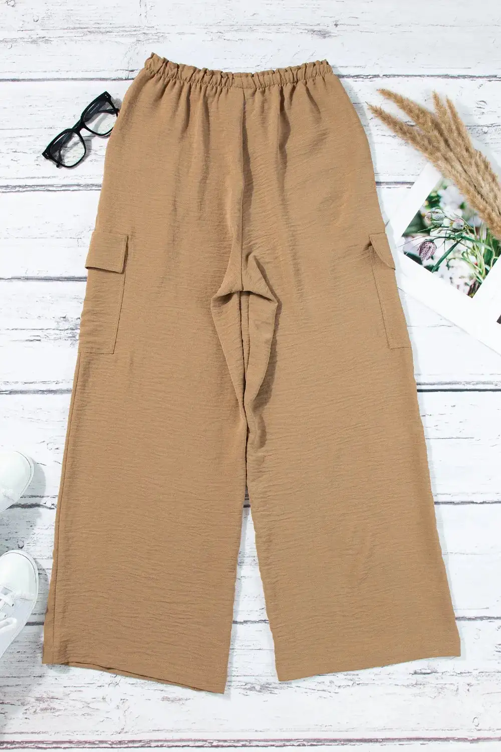 Drawstring Frilled Waist Wide Leg Utility Trousers
