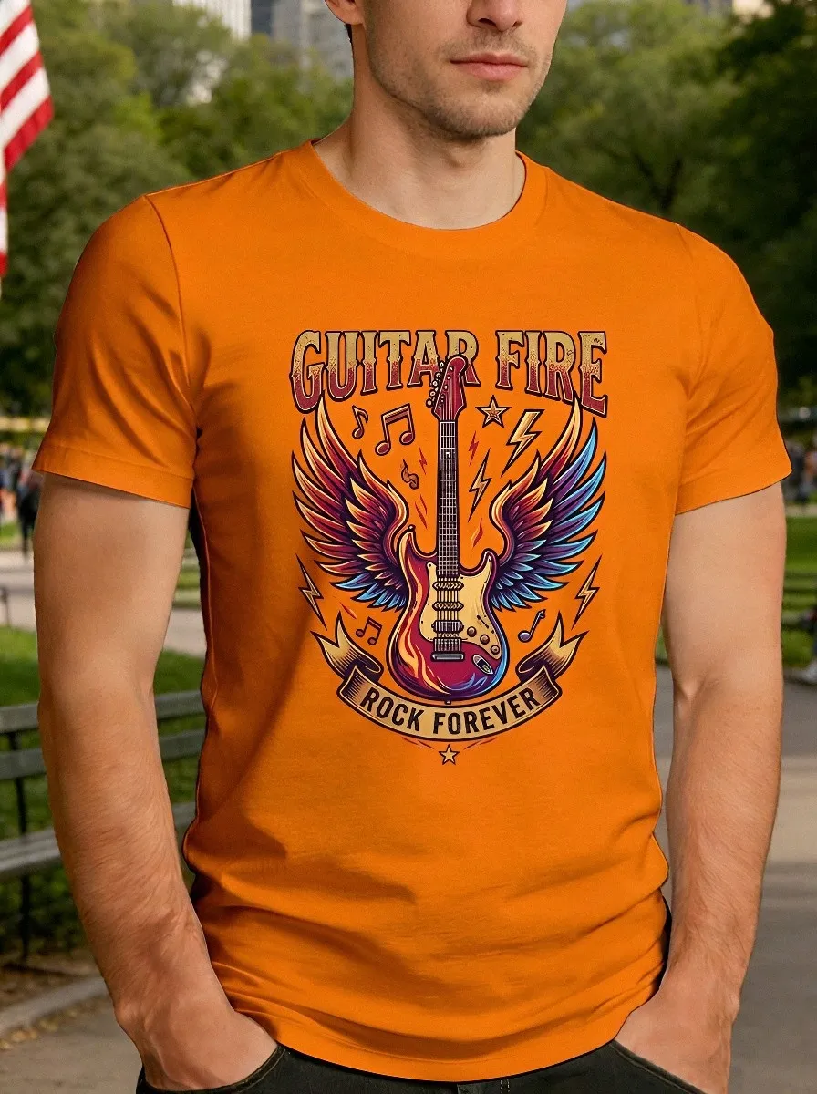 Men's Rock Music Lover Guitar Fire Wings Printed T-shirt
