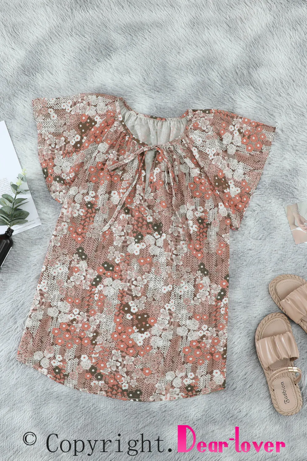 Khaki V Neck Short Sleeve Blouse