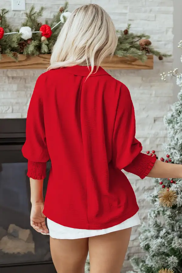 Women's V Neck Collared Three Quarter Sleeve Top