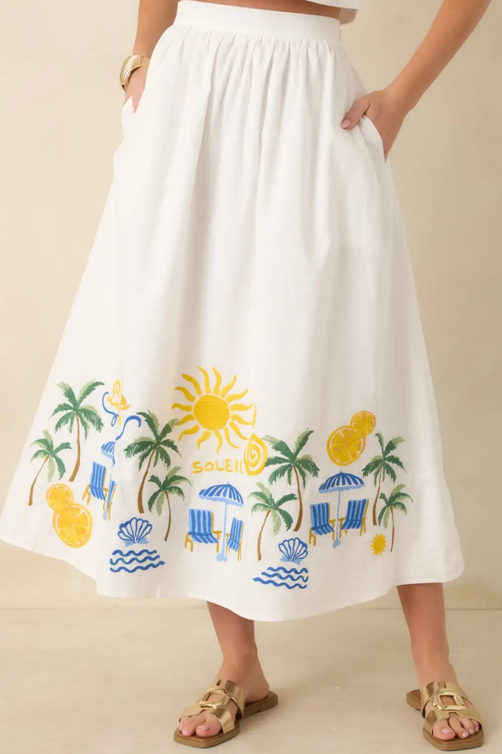 Multicolor Embroidered Cotton Blend Midi Skirt