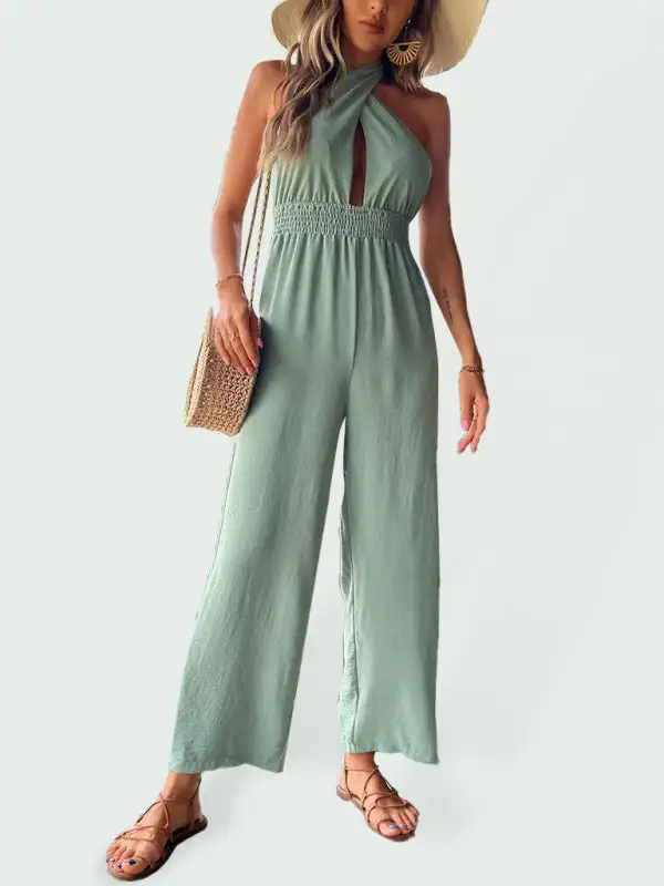 Woven Halter Neck Hollow Back Wide Jumpsuit