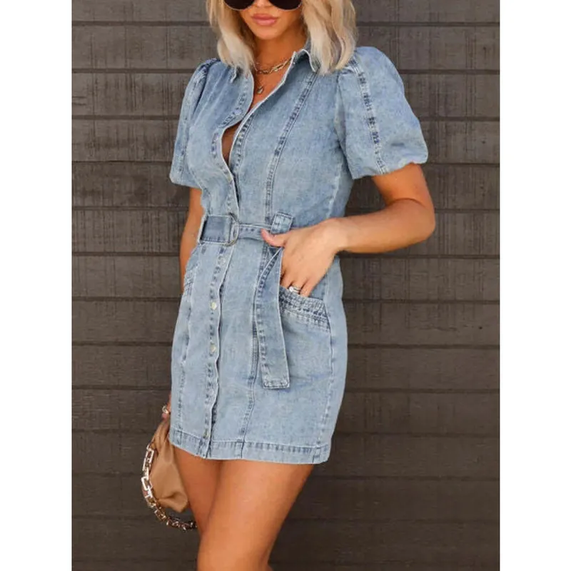 Button-Up Puff-Sleeve Denim Shirt Mini Dress
