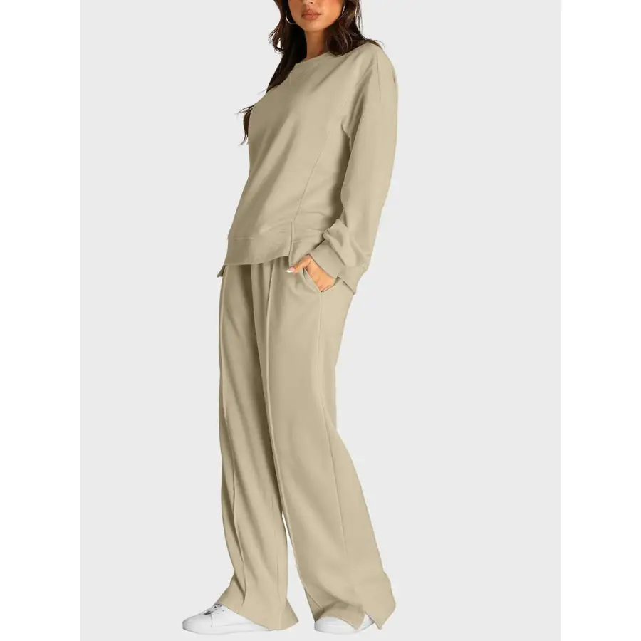 Round Neck Long Sleeve Top and Slit Pants Set
