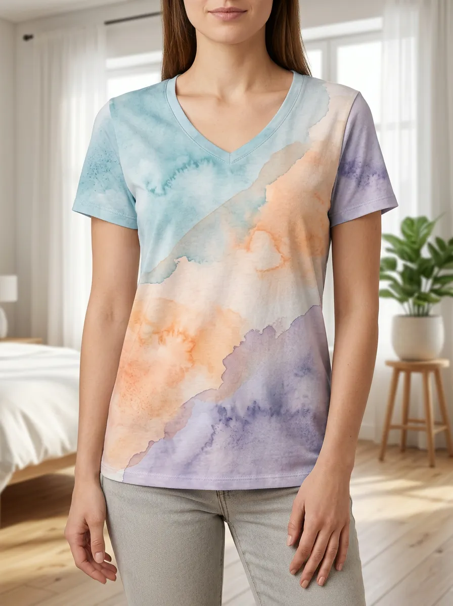 Women's Abstract Watercolor Pastel Printed V-Neck T-Shirt