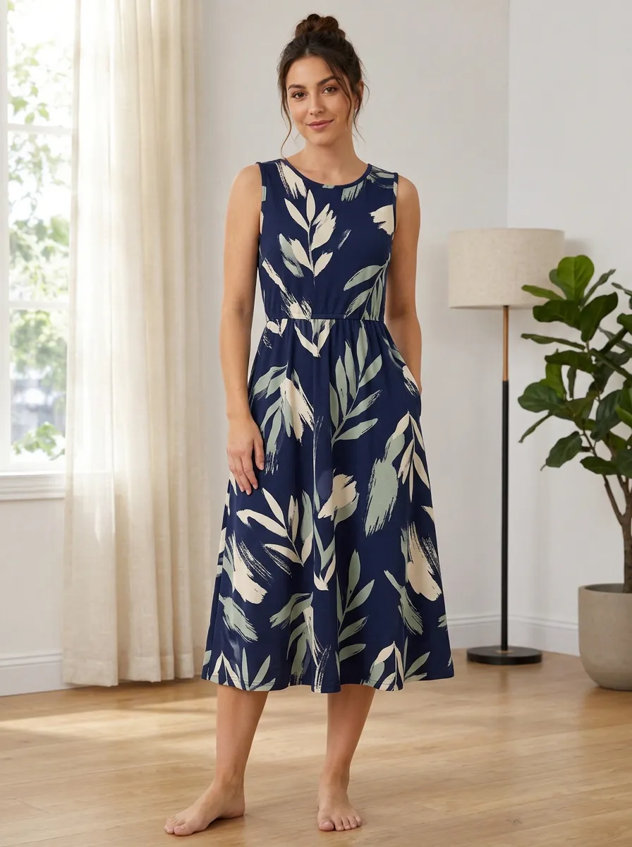 Women's Botanical Nature Lover Abstract Leaf Printed Sleeveless Dress