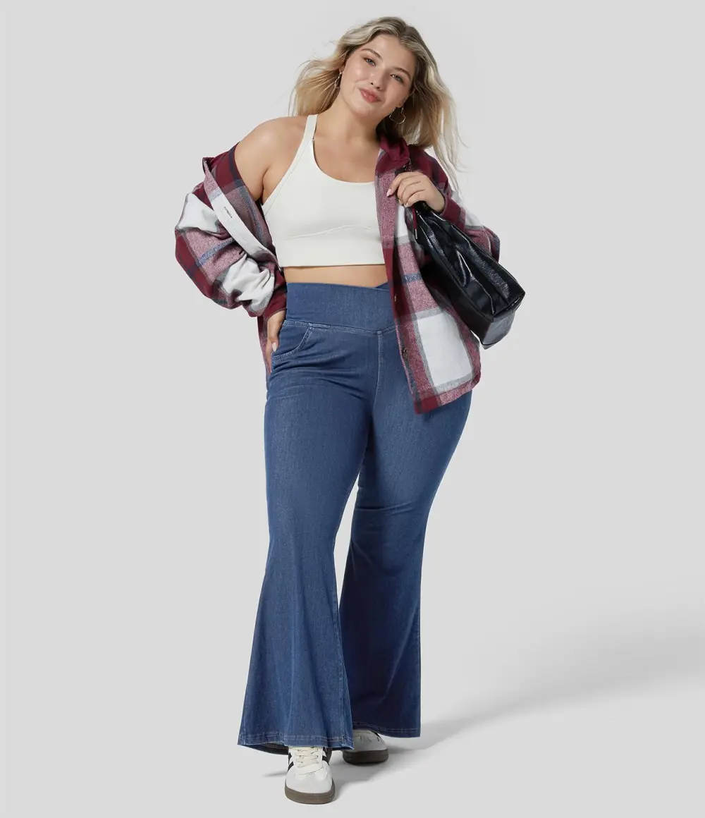 Magic High Waisted Crossover Pocket Cool Touch Breathable Washed Stretchy Knit Plus Size Casual Super Flare Jeans