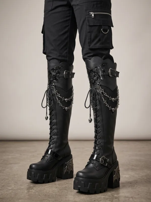 Ritual-Inspired Skull Wing Chain Silhouette Women's Gothic Platform Boots