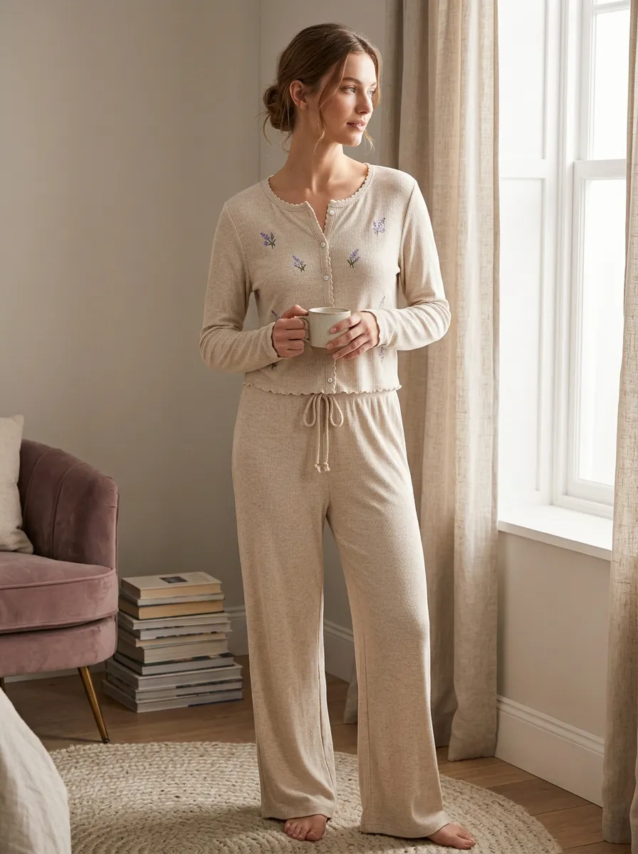 Women's Floral Lover Lavender Printed Ribbed Loungewear Set