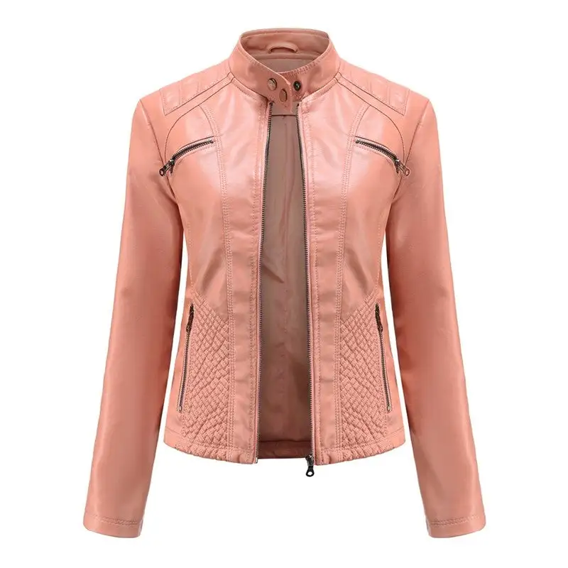 Relaxed Stand-Collar Faux-Leather Leather Casual Outerwear Jacket