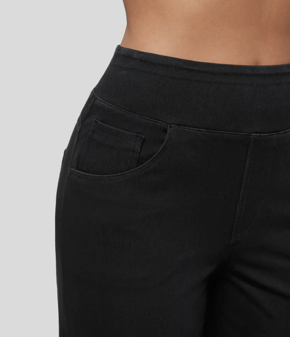 Magic High Waisted Multiple Pockets Wide Leg Loose Stretchy Knit Work Jeans