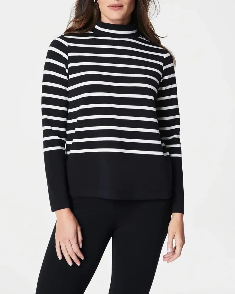 Very Black Stripe Mock Neck Top