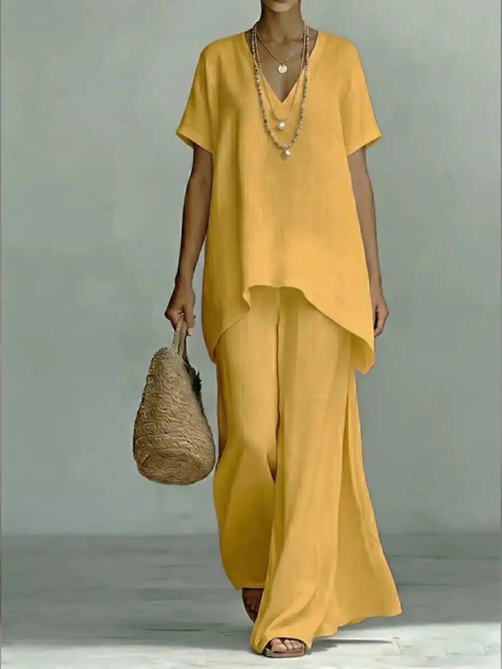 Full Size V Neck Top and Wide Leg Pants