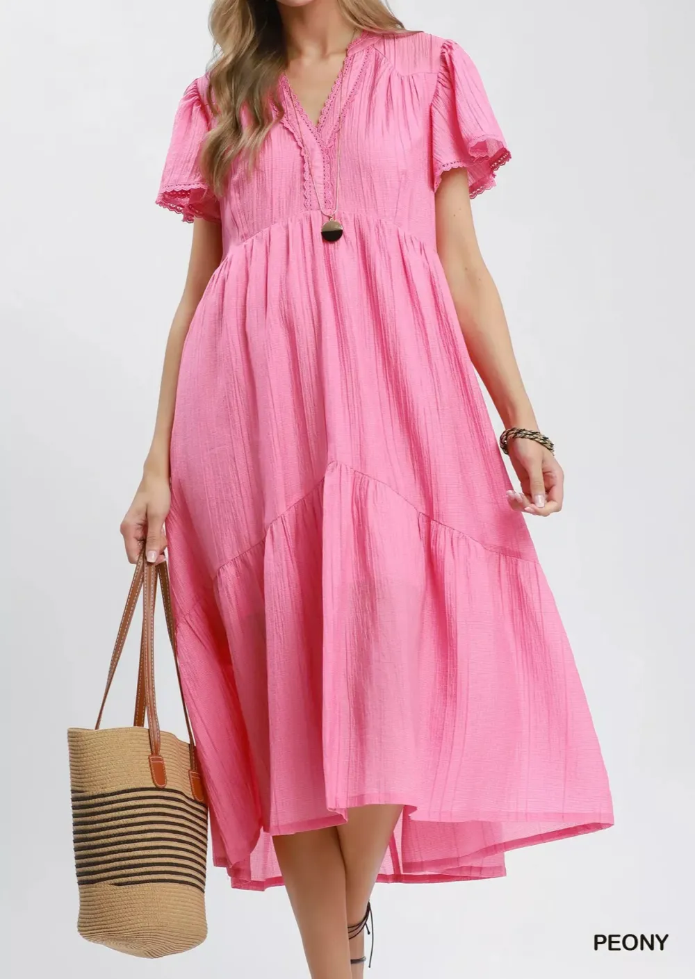 Textured Textured Tiered Midi Dress with Side Pockets