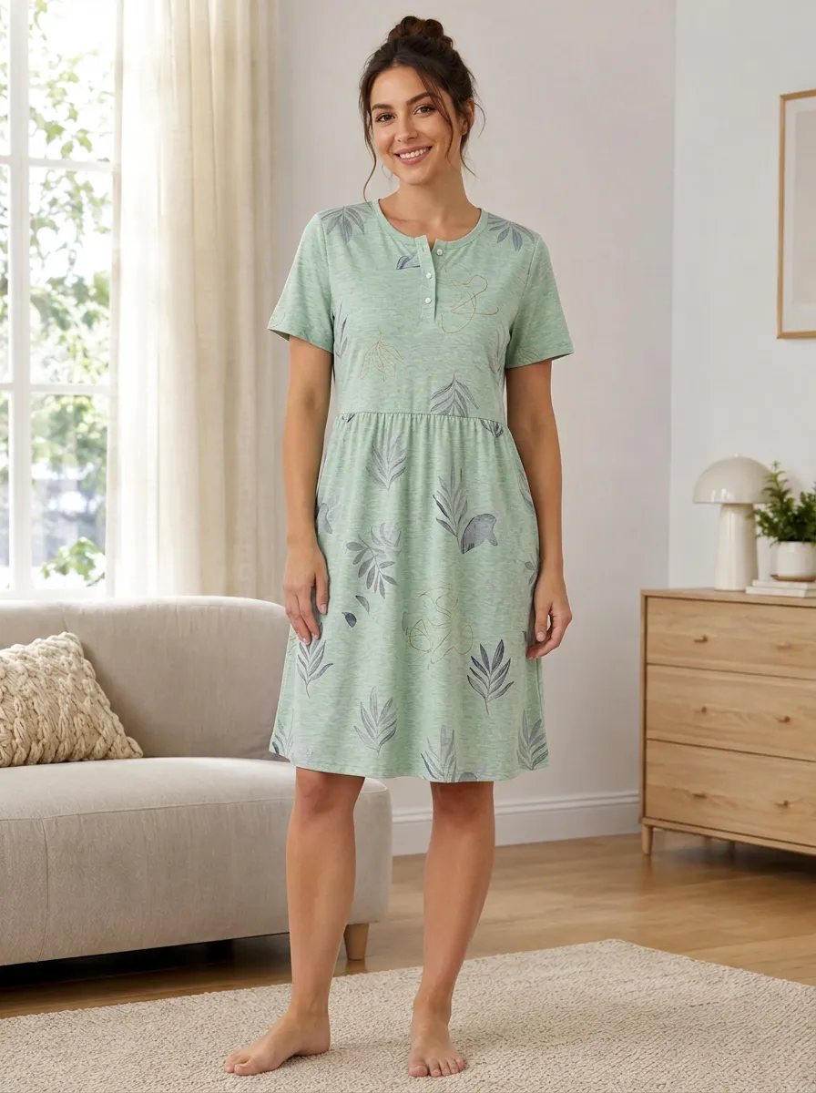 Women's Botanical Lover Green Leaf Printed Henley Dress