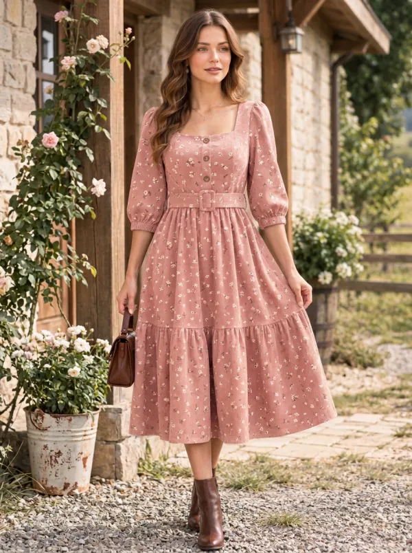 Women's Rust Cottagecore Small Floral Corduroy High-Waist 3/4 Sleeve Midi Dress