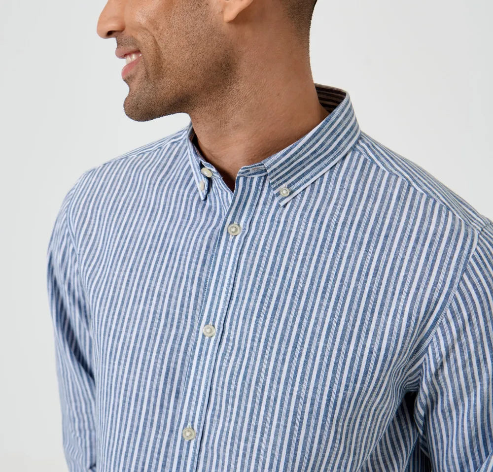 Men's Blue Stripe Linen Cotton Blend Long Sleeve Shirt
