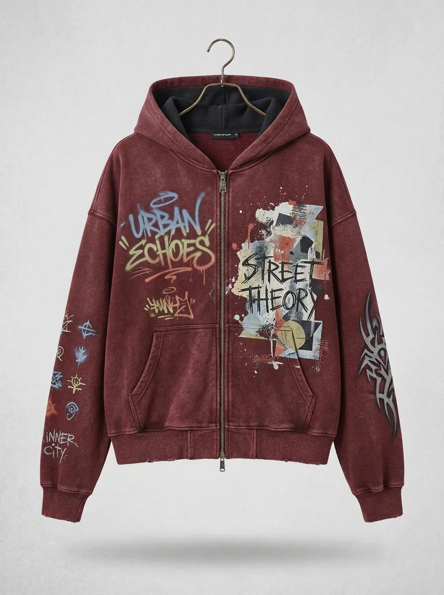 Unisex Streetwear Urban Echoes Graffiti Printed Zip-up Hoodie