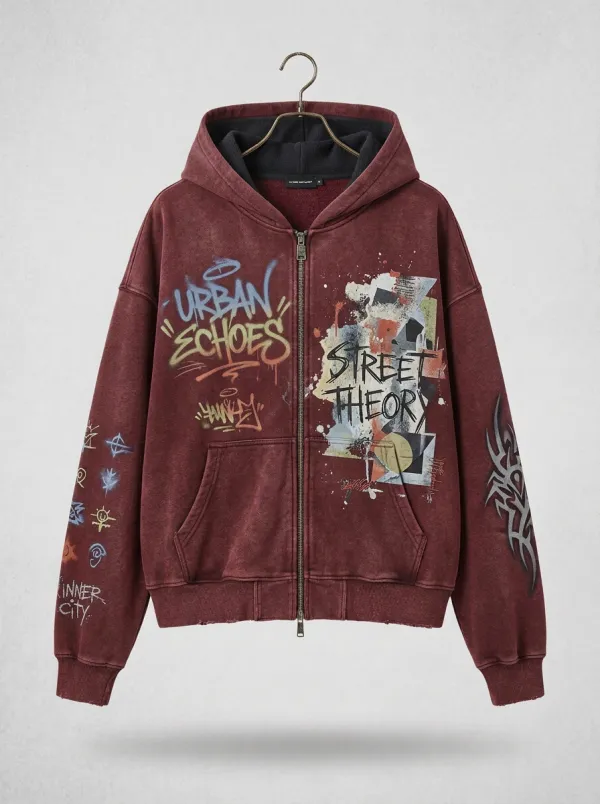 Unisex Streetwear Urban Echoes Graffiti Printed Zip-up Hoodie