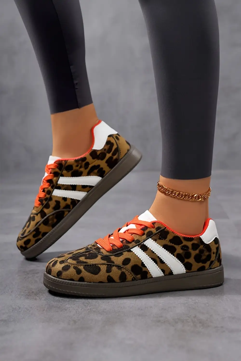 Contemporary Leopard Faux Suede Colorblock Lace-Up Casual Sneakers