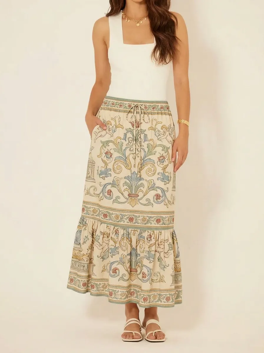 Women's Vintage Baroque Cherub Floral Printed Midi Skirt