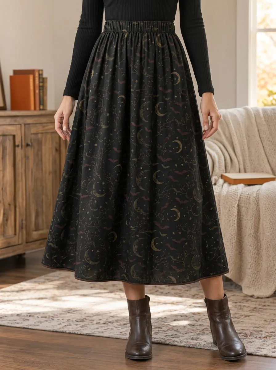Women's Halloween Gothic Moon Bat Printed Midi Skirt