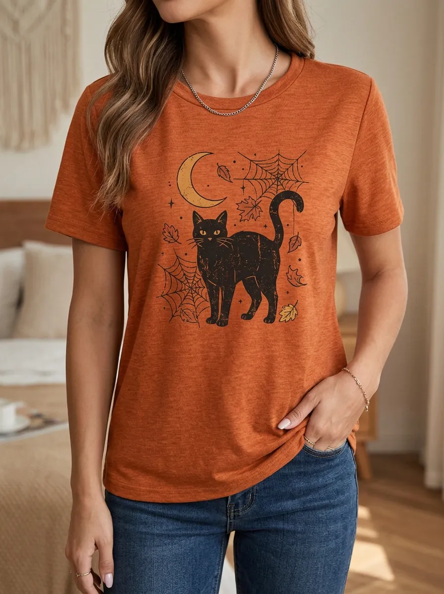 Women's Halloween Black Cat Moon Spiderweb Printed T-shirt